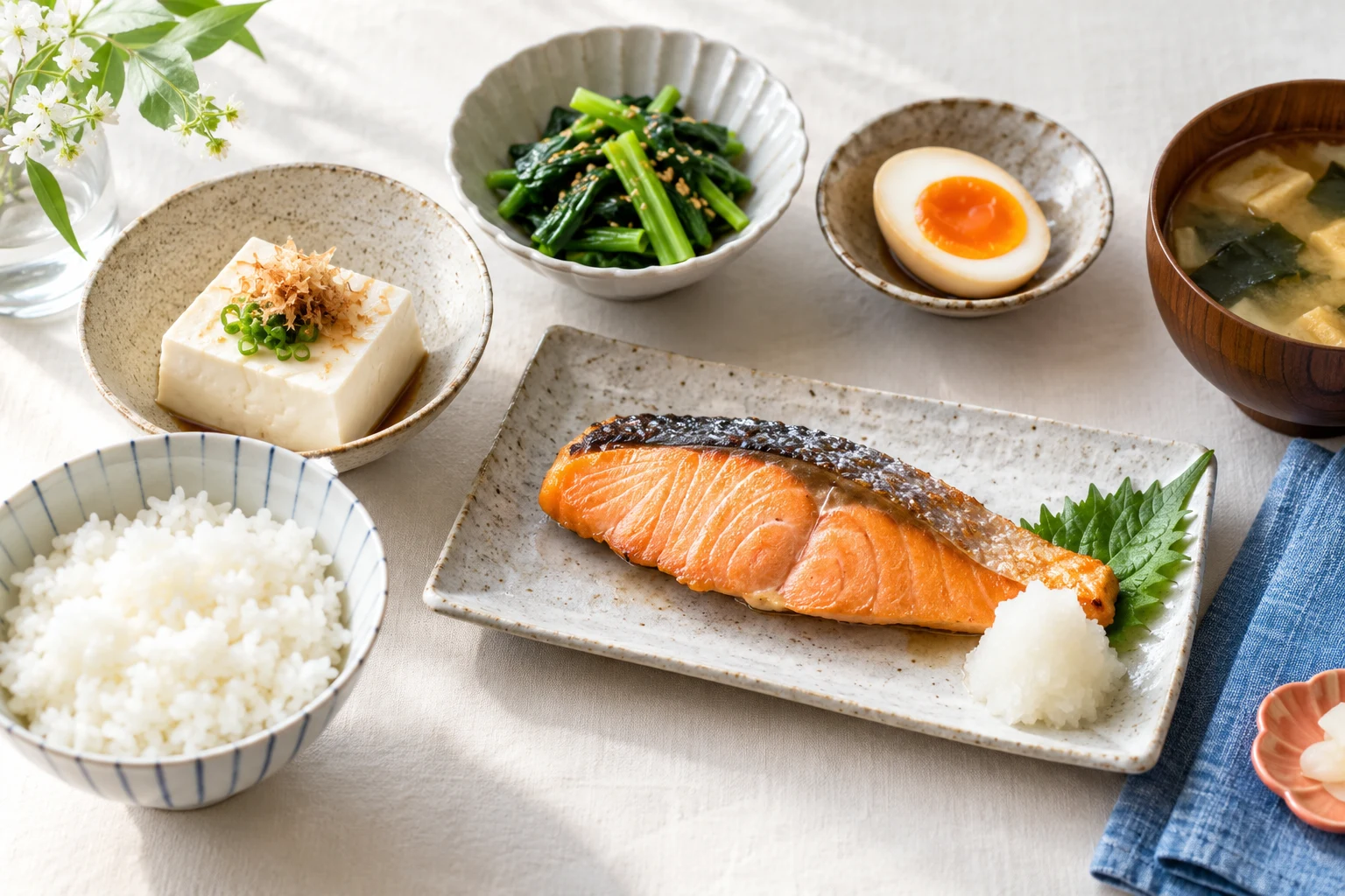 魚、卵、豆腐、野菜を組み合わせた食事のイメージ